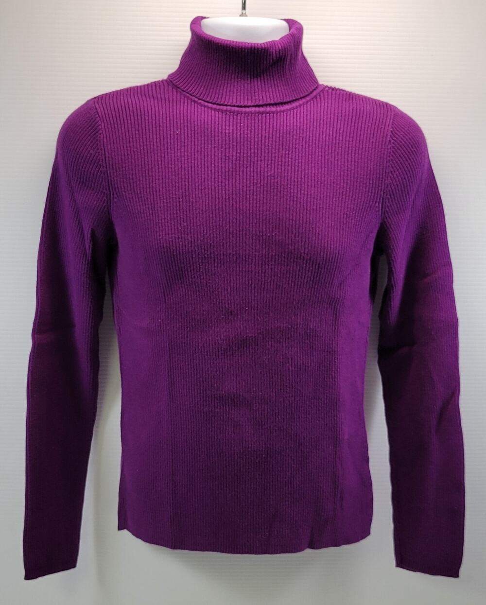 GB2) Kate Hill Woman Purple Cotton Ribbed Turtle Neck Sweater Top Large